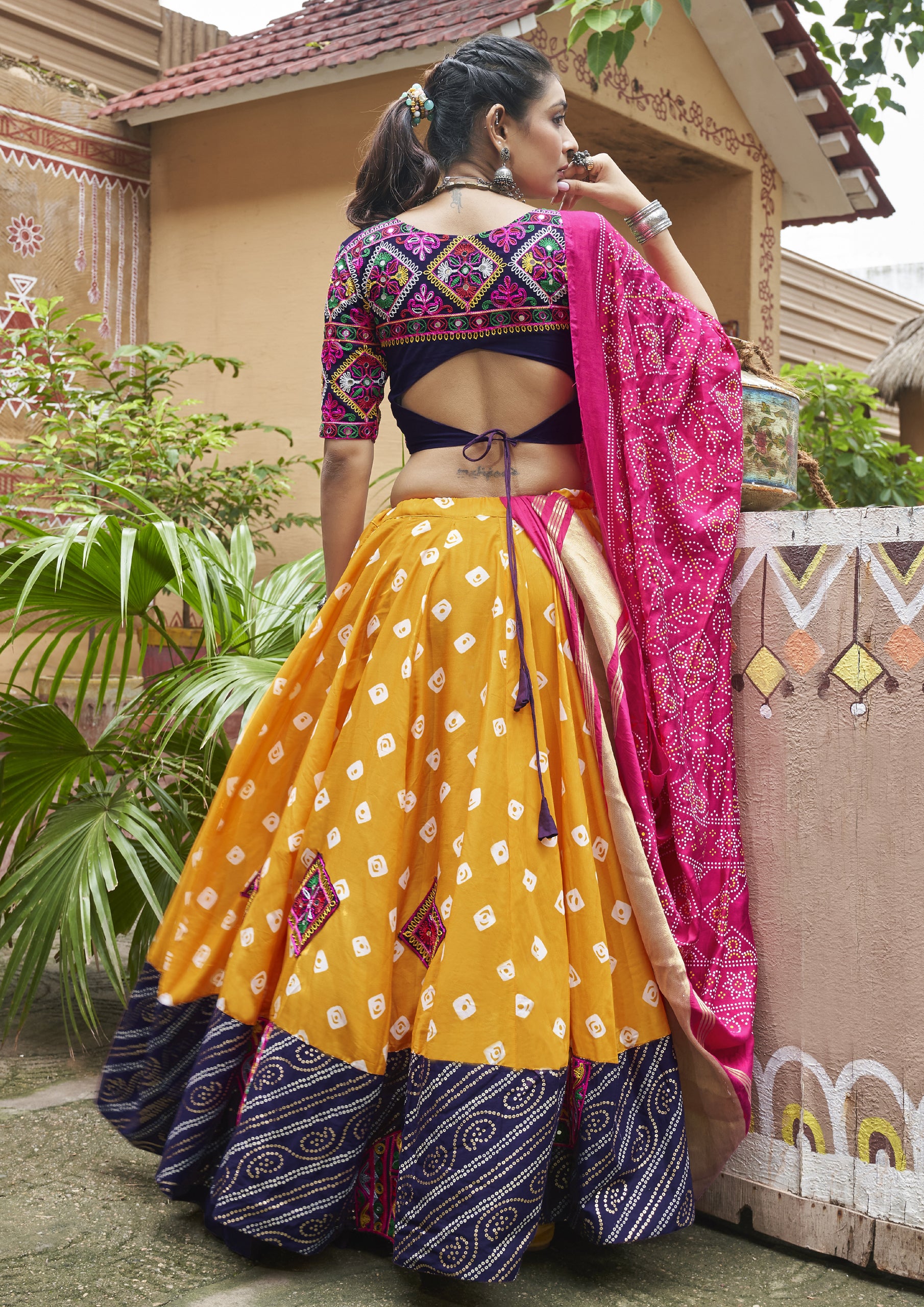 Yellow Color Viscose Rayon Embroidered Garba Wear Lehenga
